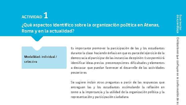 Sugerencia para el profesor: Actividad 1: ¿Qué aspectos identifico sobre la organización política en Atenas, Roma y en la actualidad?