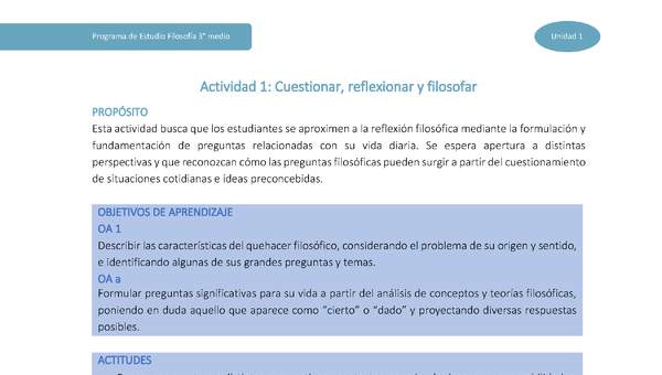 Actividad 1: Cuestionar, reflexionar y filosofar