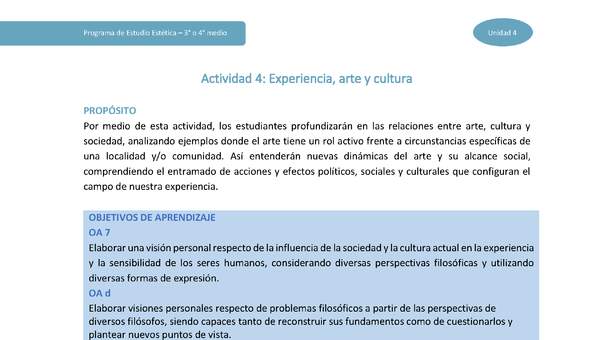 Actividad 4: Experiencia, arte y cultura