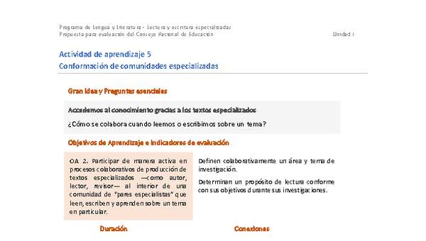 Actividad de aprendizaje 5: Conformación de comunidades especializadas