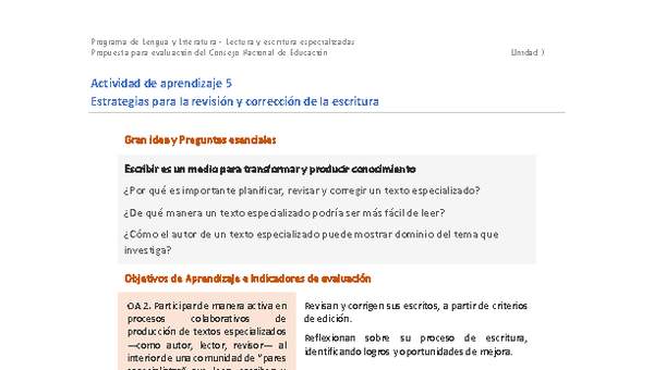 Actividad de aprendizaje 5: Estrategias para la revisión y corrección de la escritura