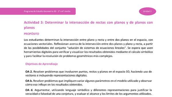 Actividad 3: Determinar la intersección de rectas con planos y de planos con planos