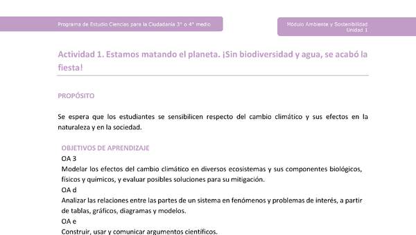 Actividad 1: Estamos matando el planeta. ¡Sin biodiversidad y agua, se acabó la fiesta!