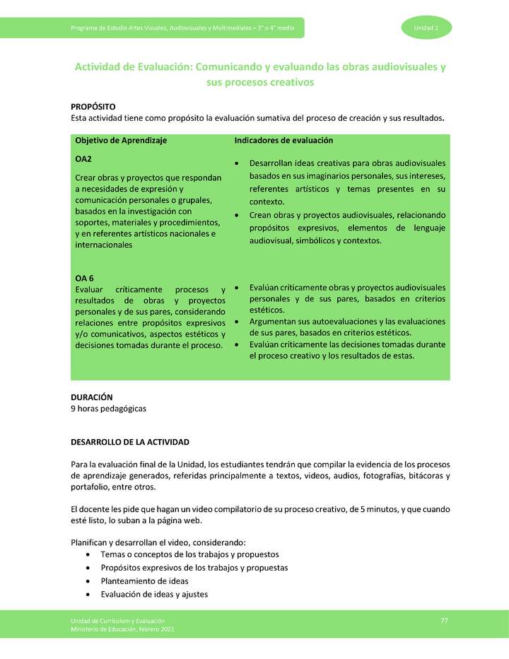 Actividad de evaluación: Comunicando y evaluando las obras audiovisuales y sus procesos creativos