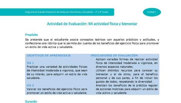 Actividad de evaluación Unidad 1: Mi actividad física y bienestar