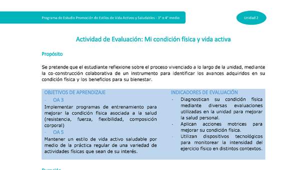 Actividad de evaluación Unidad 2: Mi condición física y vida activa