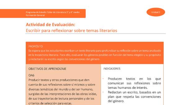 Actividad de Evaluación: Escribir para reflexionar sobre temas literarios