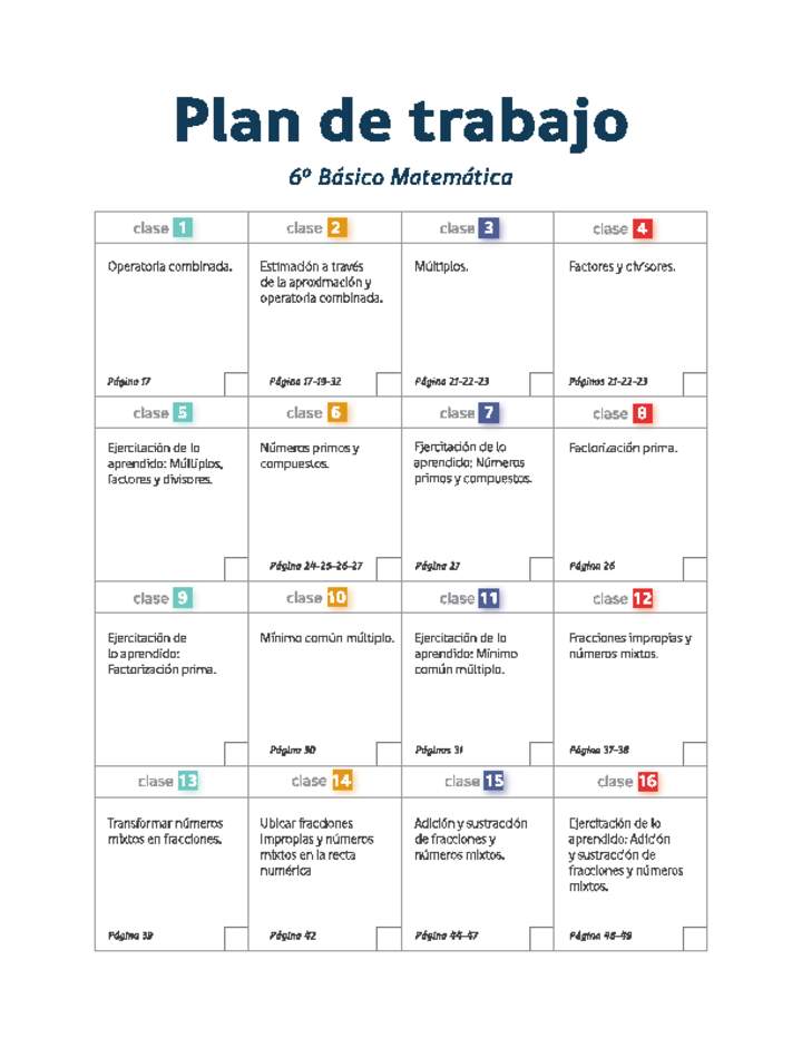 Plan de trabajo Matemática 6° básico