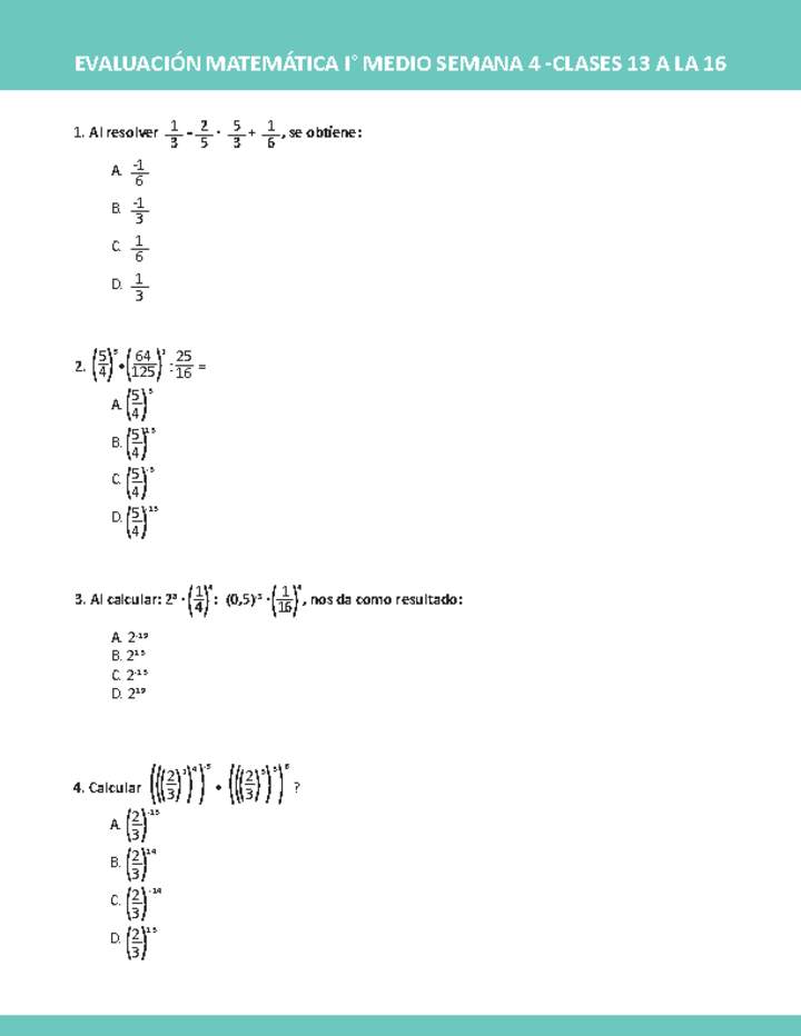 Evaluación Matemática 1° medio Unidad 1 Semana 4