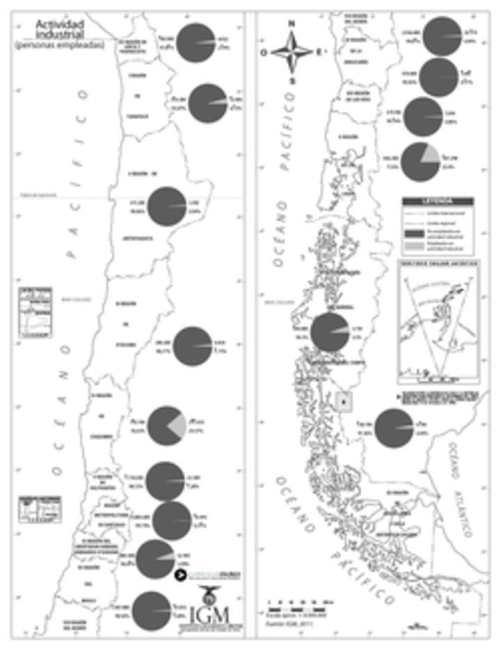 Mapa actividad industrial Chile en blanco y negro