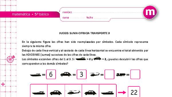 Juego: suma cifrada transporte 3