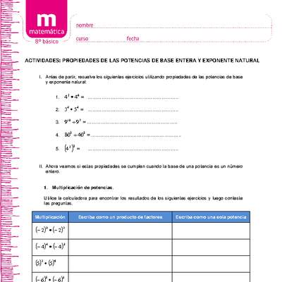 Propiedades de las potencias de base entera y exponente natural