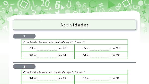 Actividades comparar y ordenar cifras