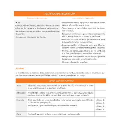 Evaluación Programas - LE08 OA16 - U1 - PLANIFICANDO MI ESCRITURA