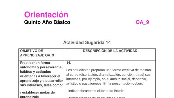 Actividad sugerida: Orientación 5° básico  OA09 Actividad 14