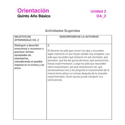 Actividad sugerida: Orientación 5° básico  OA02 Actividad 2