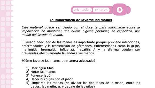 Actividad: Higiene La importancia de lavarse las manos Orientación 1º y 2º básico OA4