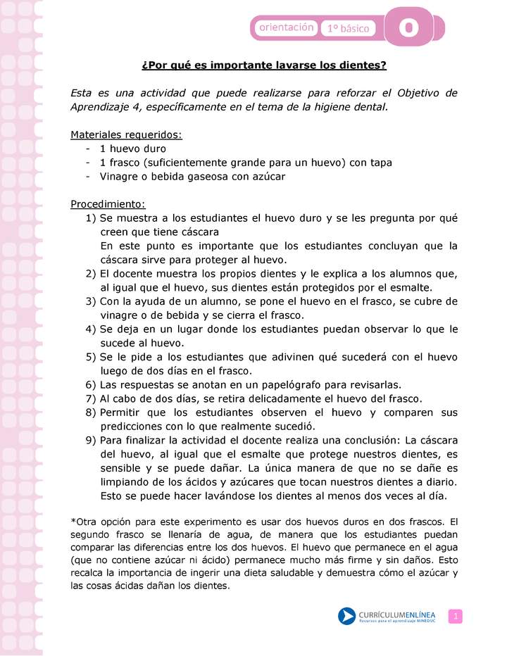 Actividad: Higiene bucal ¿Por qué es importante lavarse los dientes? Orientación 1º y 2º básico OA4