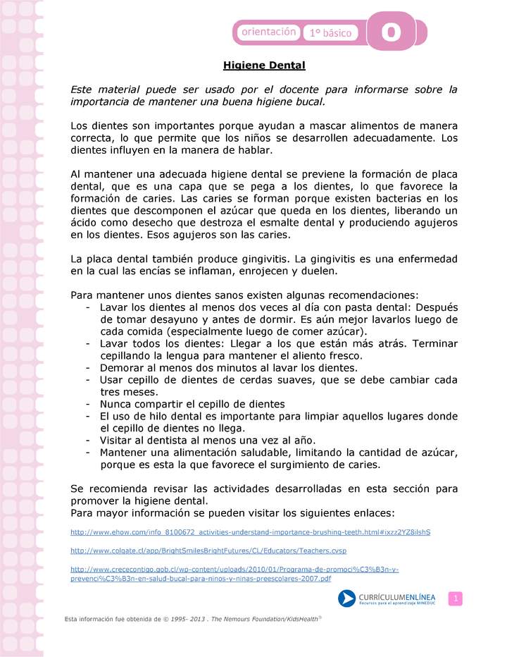 Actividad: Higiene dental Orientación 1º y 2º básico OA4