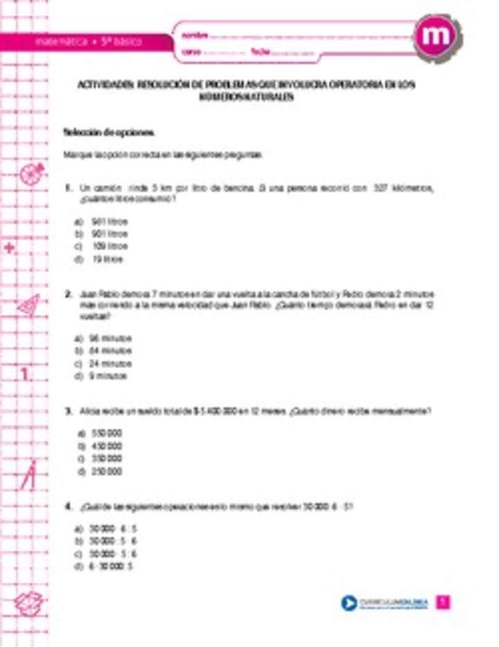 Resolución de problemas que involucra operatoria en los números naturales
