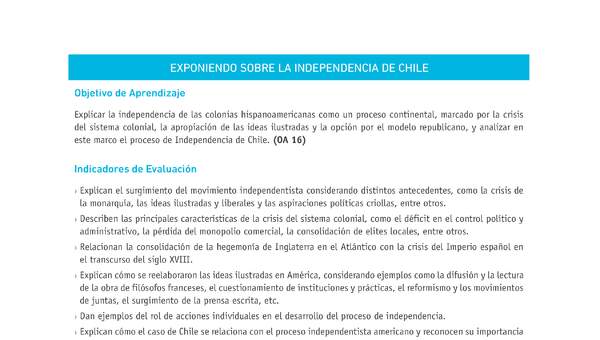 Evaluación Programas - HI08 OA16 - U3 - EXPONIENDO SOBRE LA INDEPENDENCIA DE CHILE