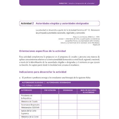 Actividad de Educación Ciudadana: Historia, Geografía y Ciencias Sociales 6º básico - Autoridades elegidas y autoridades designadas