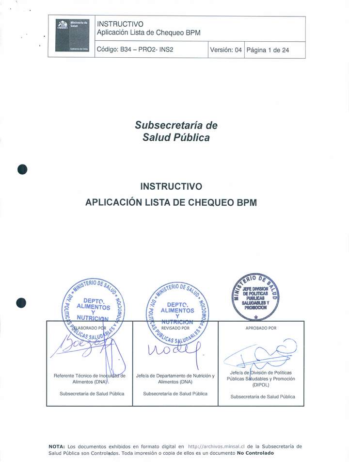 Lectura: Instructivo Aplicación Lista de chequeo BPM