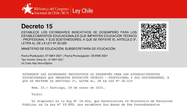 Decreto 15 (Establece Estándares Indicativos de Desempeño para los Establecimientos Educacionales que imparten Educación Técnico Profesional y sus Sostenedores)