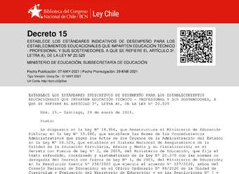 Decreto 15 (Establece Estándares Indicativos de Desempeño para los Establecimientos Educacionales que imparten Educación Técnico Profesional y sus Sostenedores)