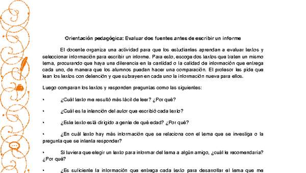 Orientación pedagógica: Evaluar dos fuentes antes de escribir un informe