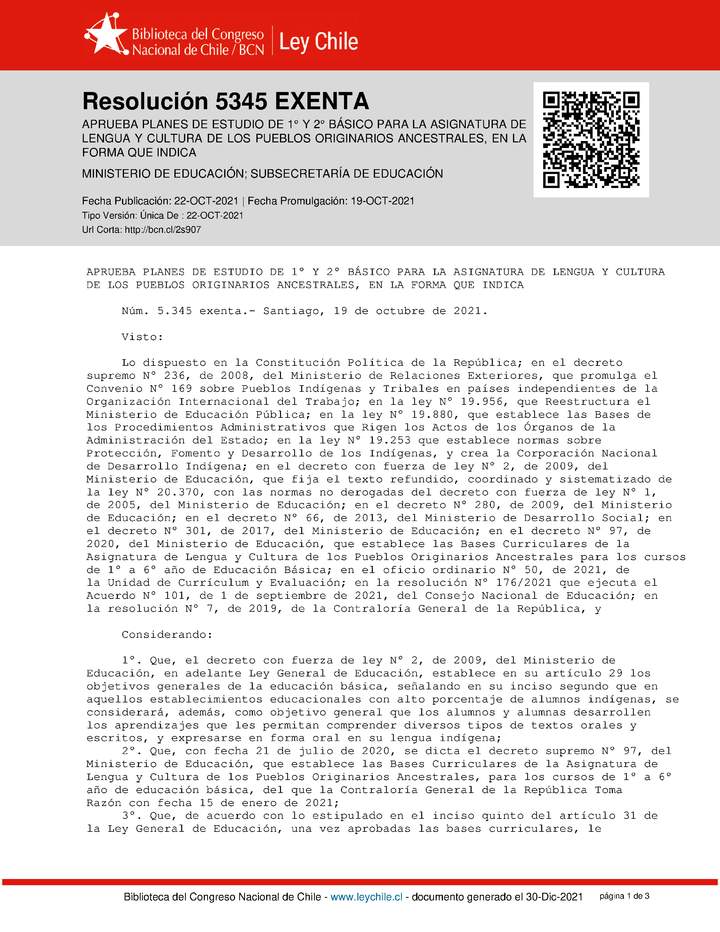 Plan de estudio asignatura lengua y cultura de los pueblos originarios ancestrales 1° y 2° año básico