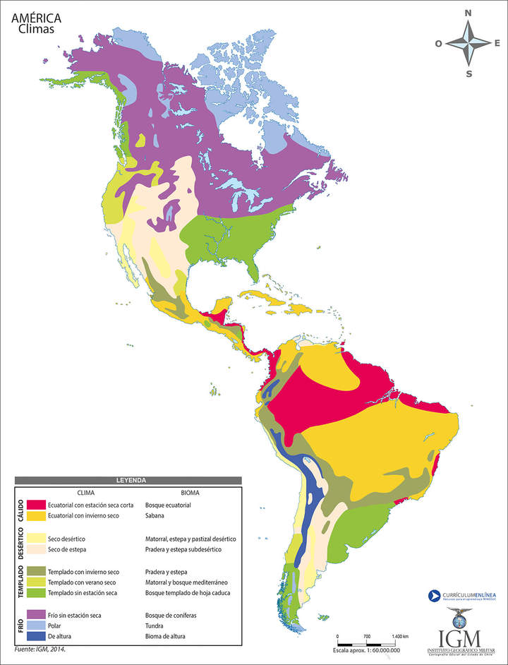 Mapa con los climas de América a color