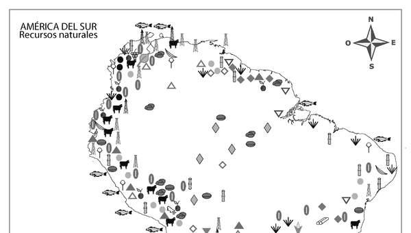 Mapa con los recursos naturales de América