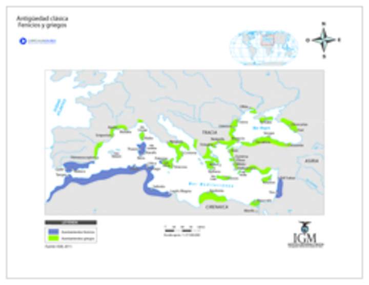Mapa griegos y fenicios en el Mediterráneo