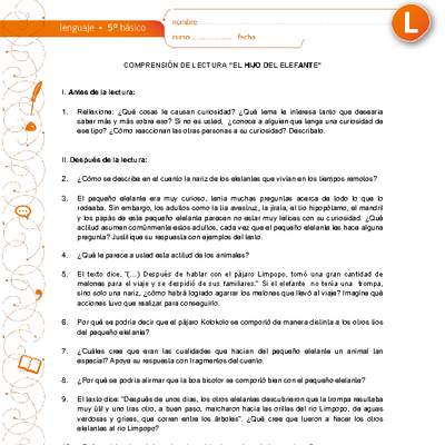 Comprensión de lectura "El hijo del elefante", de Rudyard Kipling