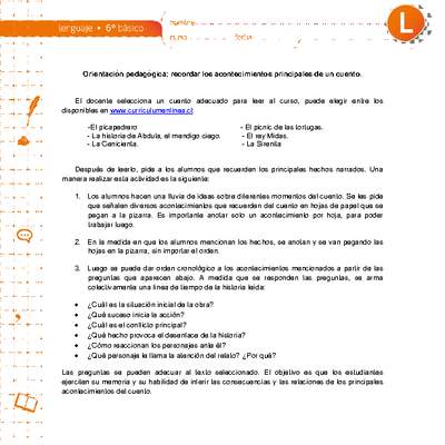 Orientación pedagógica: recordar los acontecimientos principales de un cuento.