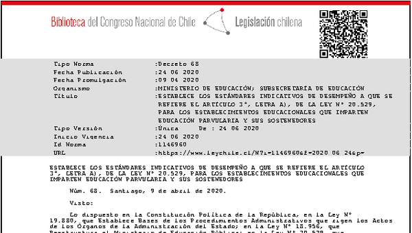 Decreto 68 (Establece los Estandares Indicativos de Desempeño para establecimientos Educación Parvularia y sus Sostenedores