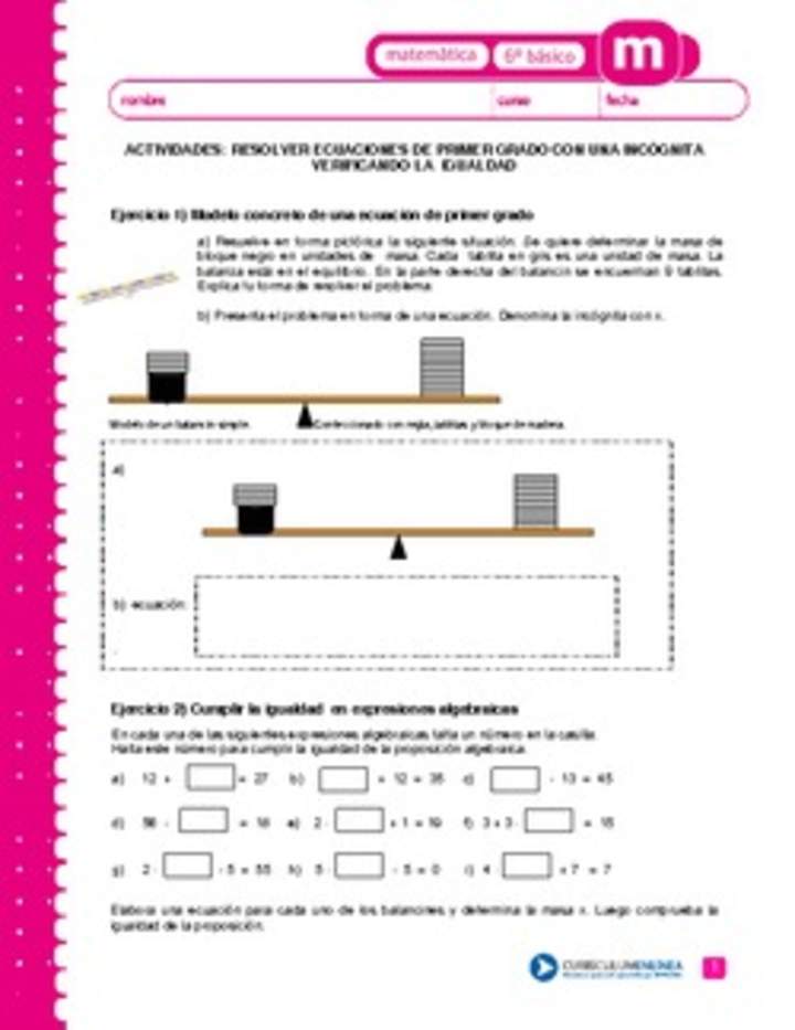 Resolver ecuaciones de primer grado con una incógnita verificando la igualdad