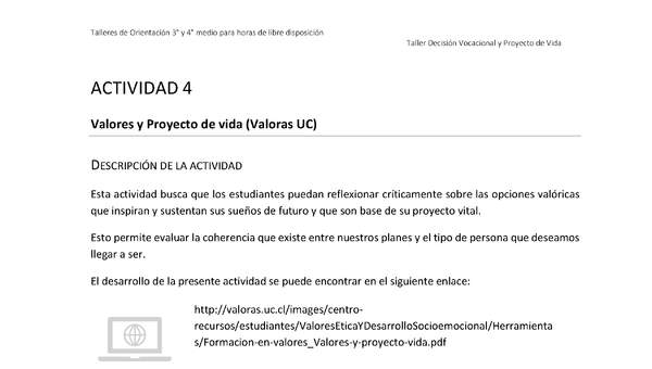 Actividad sugerida - Parte 1 - Actividad 4 - Valores y Proyecto de vida (Valoras UC)