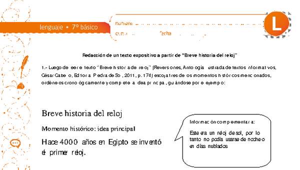 Redacción de un texto expositivo a partir de "Breve historia del reloj"