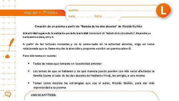 Creación de un poema a partir de "Balada de los dos abuelos" de Nicolás Guillén