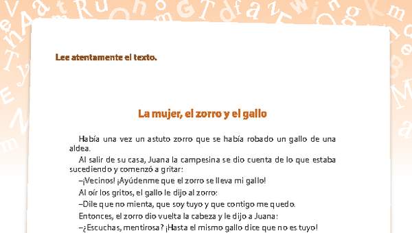 Comprensión la mujer, el zorro y el gallo