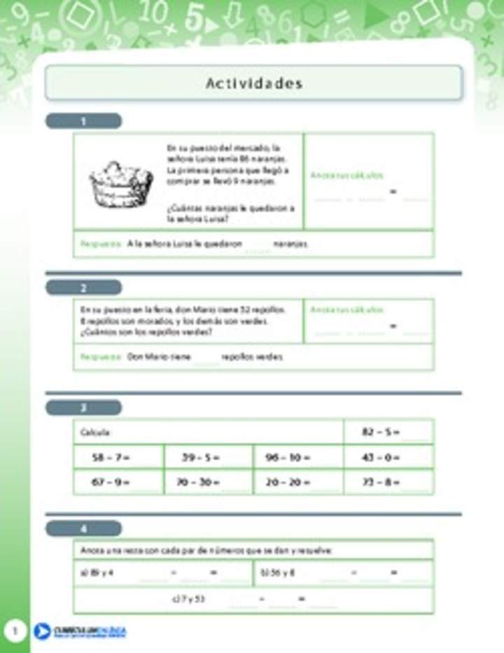 Resolución de problemas de sustracción con números menores a 100