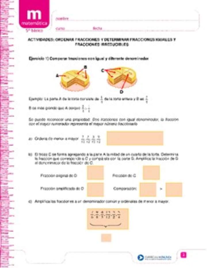 Ordenar fracciones y determinar fracciones iguales y fracciones irreducibles