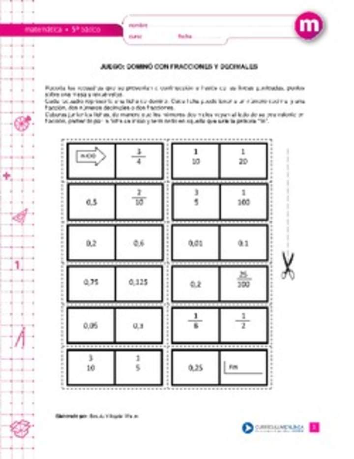 Dominó con fracciones y decimales