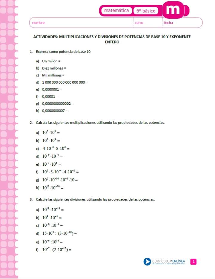 Multiplicaciones y divisiones de potencias de base 10 y exponente entero