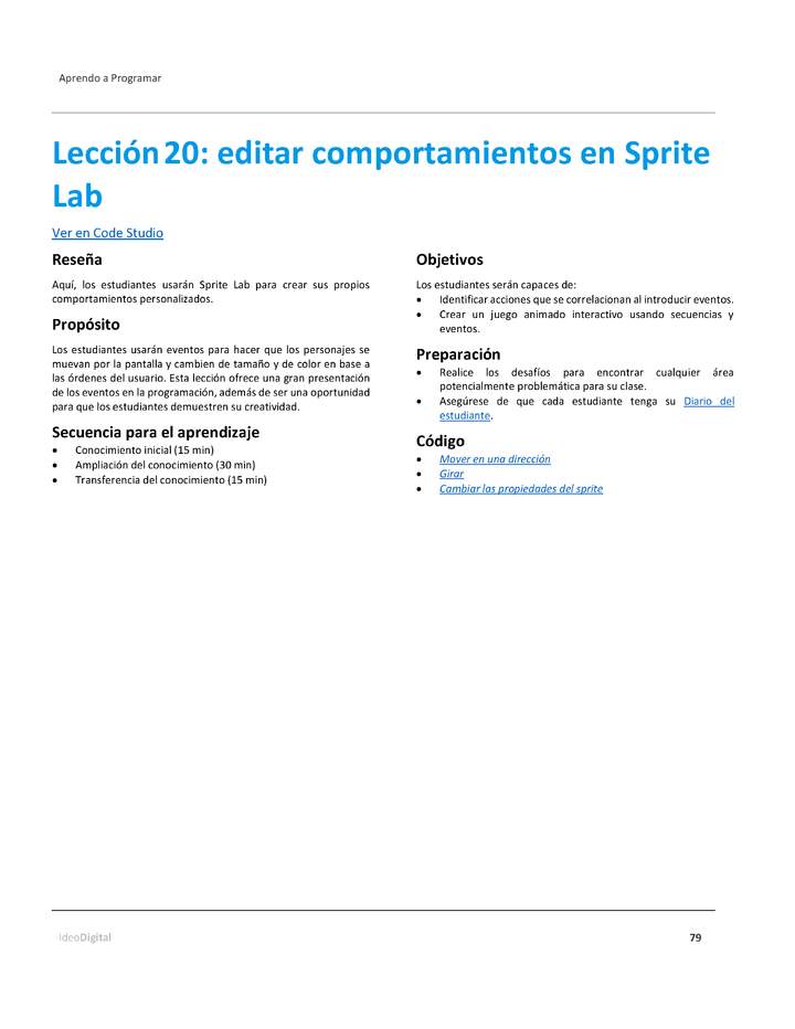 Unidad 3 - Lección 20: editar comportamientos en Sprite Lab