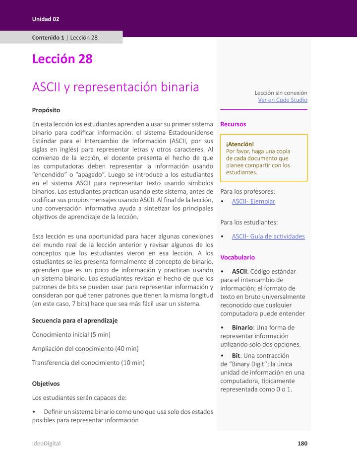 Unidad 2 - Lección 28: ASCII y representación binaria