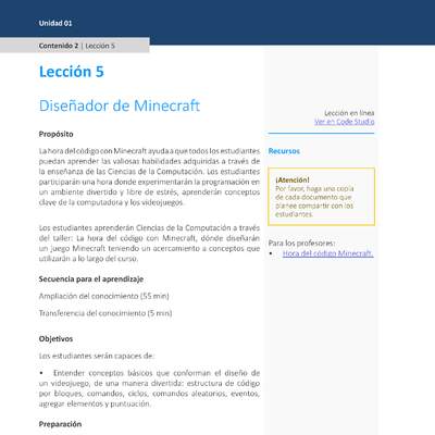 Unidad 1 - Lección 05: Diseñador de Minecraf