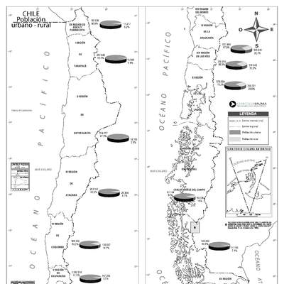 Mapa con la población urbana y rural de Chile